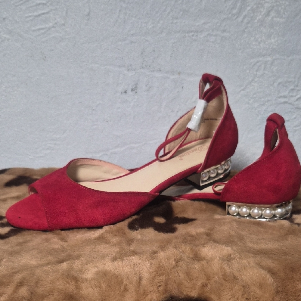 Chic Red Peep-Toe Flats with Pearl Heel